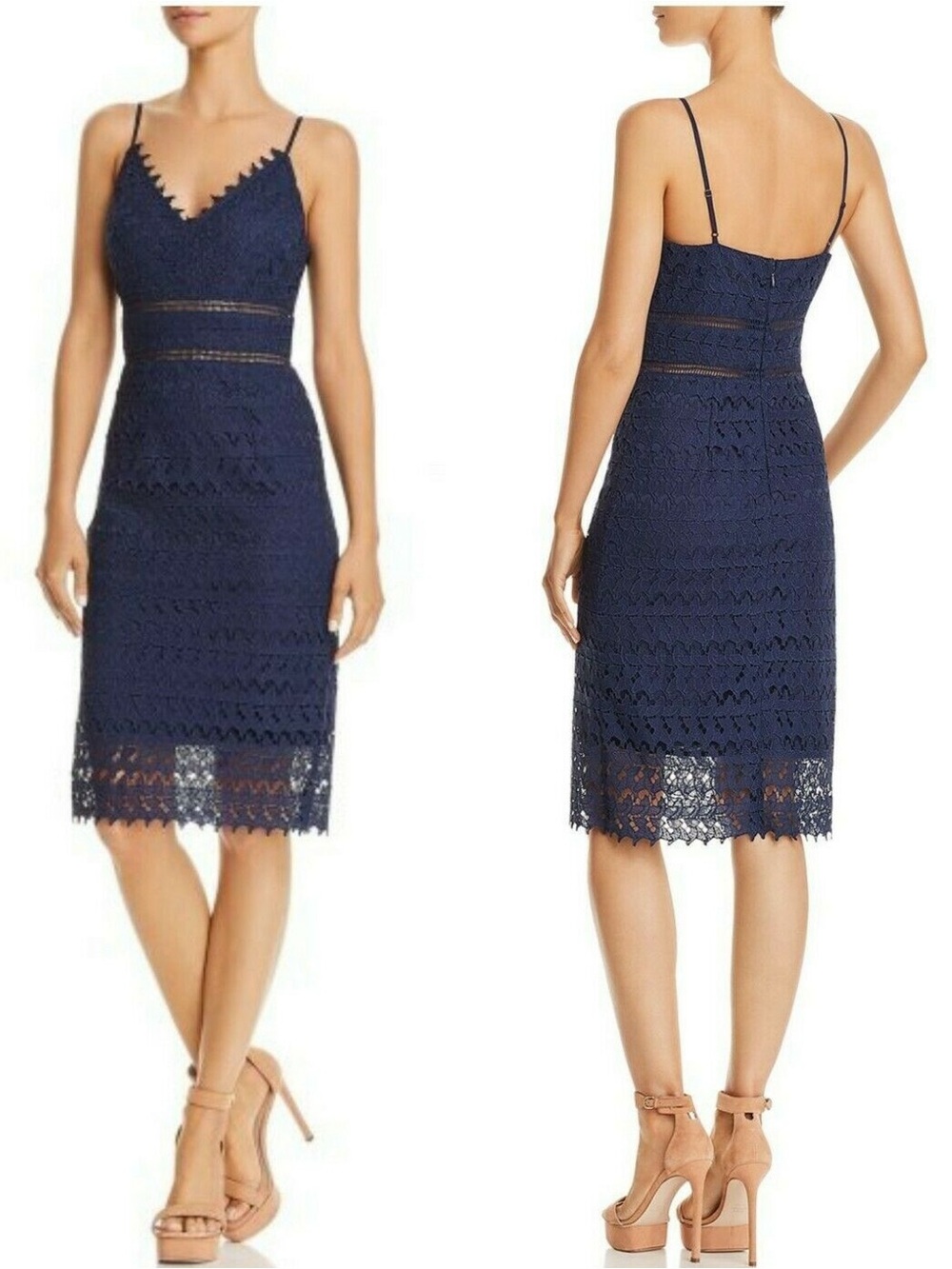 AQUA Navy Lace Sheath Knee Length Dress